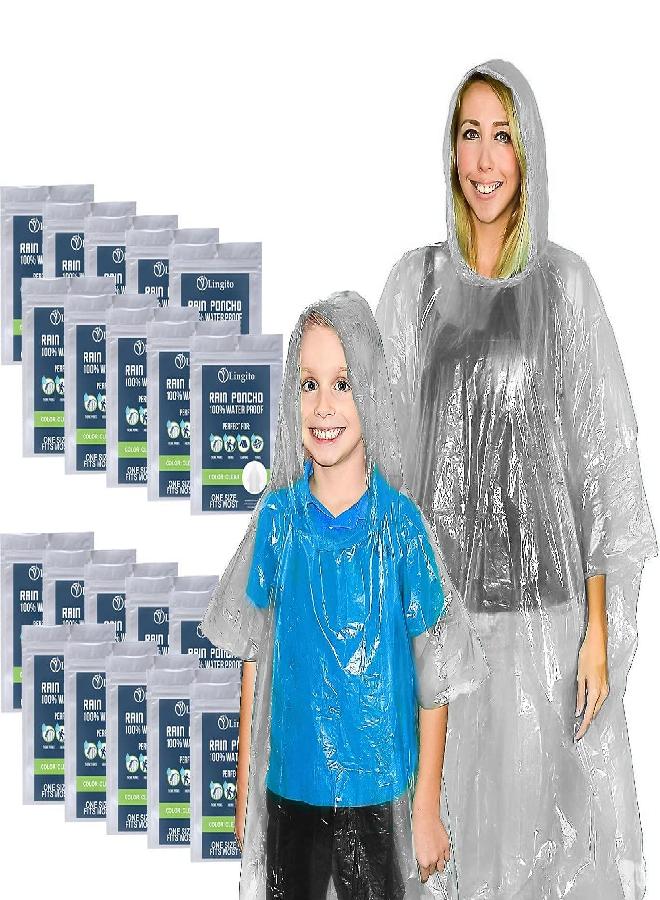 Lingito Rain Ponchos Family Pack, 20-Piece Clear Poncho Emergency Raincoat Drawstring Hood Poncho for Children and Adults, Lightweight Reusable or Disposable - Image 1