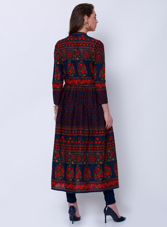 فيشود أناركالي أزرق سماوي بطبعة زهور قطنية بفتحة جانبية عالية - Image 3