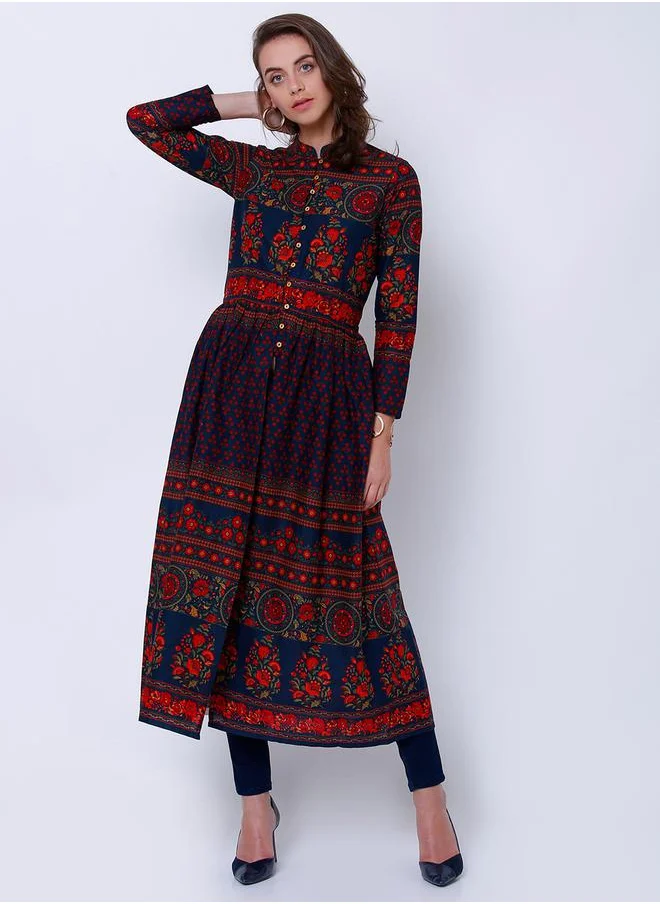 Vishudh Navy Blue Floral Print Cotton Anarkali With Hight Slit by Styli