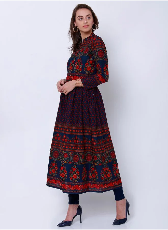 Vishudh Navy Blue Floral Print Cotton Anarkali With Hight Slit by Styli