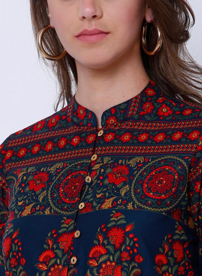 فيشود أناركالي أزرق سماوي بطبعة زهور قطنية بفتحة جانبية عالية - Image 5