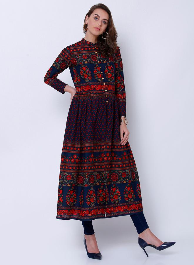 فيشود أناركالي أزرق سماوي بطبعة زهور قطنية بفتحة جانبية عالية - Image 4