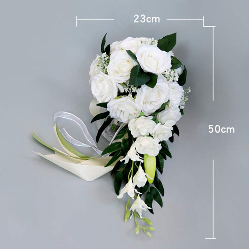 ChezMax Wedding Bridal Bouquet, Bride Artificial Rose Flowers with Ribbons, Bridesmaid Fake Flower Bunch 11.8 Inch, Tossing Cascading Bouquet for Boho Rustic Ceremony Anniversary Party Decorations - Image 2