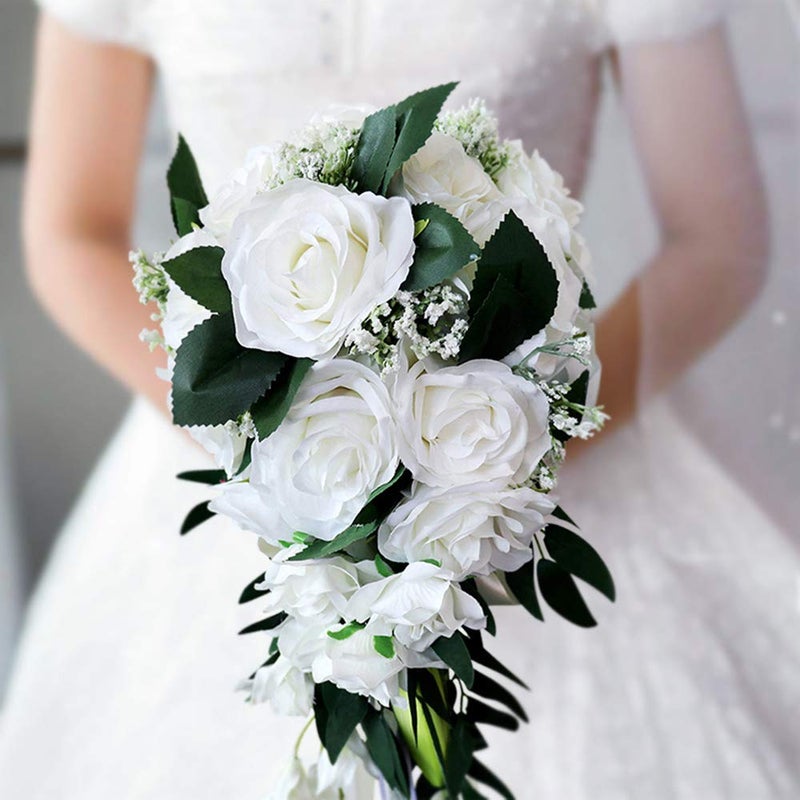 ChezMax Wedding Bridal Bouquet, Bride Artificial Rose Flowers with Ribbons, Bridesmaid Fake Flower Bunch 11.8 Inch, Tossing Cascading Bouquet for Boho Rustic Ceremony Anniversary Party Decorations - Image 1