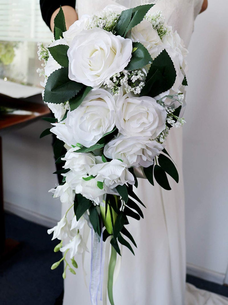 ChezMax Wedding Bridal Bouquet, Bride Artificial Rose Flowers with Ribbons, Bridesmaid Fake Flower Bunch 11.8 Inch, Tossing Cascading Bouquet for Boho Rustic Ceremony Anniversary Party Decorations - Image 3