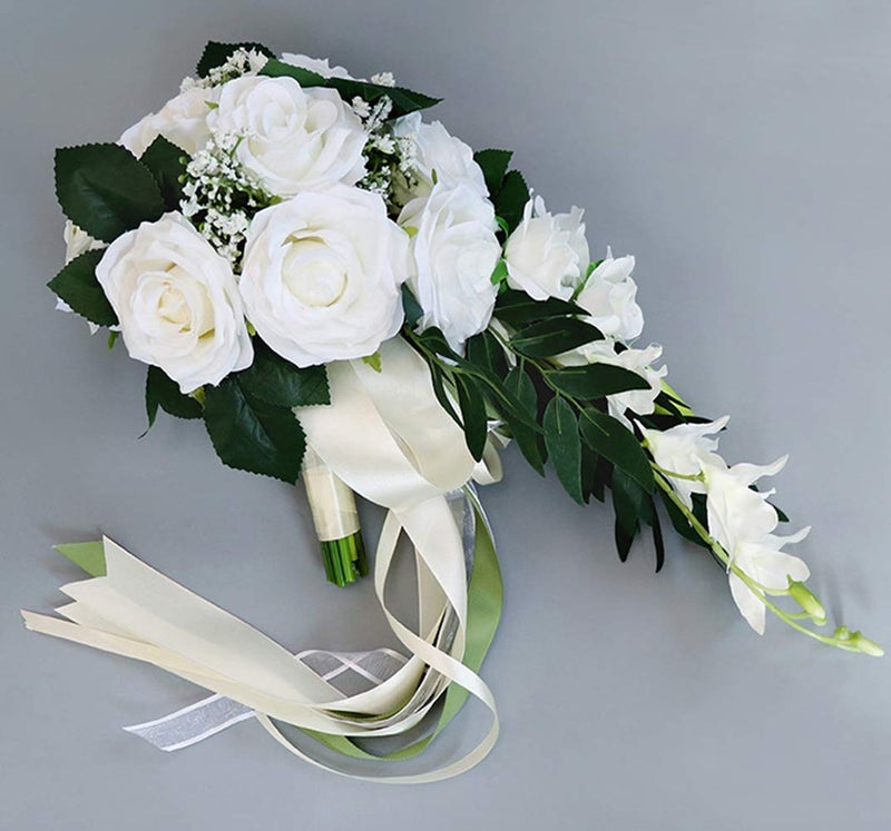 ChezMax Wedding Bridal Bouquet, Bride Artificial Rose Flowers with Ribbons, Bridesmaid Fake Flower Bunch 11.8 Inch, Tossing Cascading Bouquet for Boho Rustic Ceremony Anniversary Party Decorations - Image 5