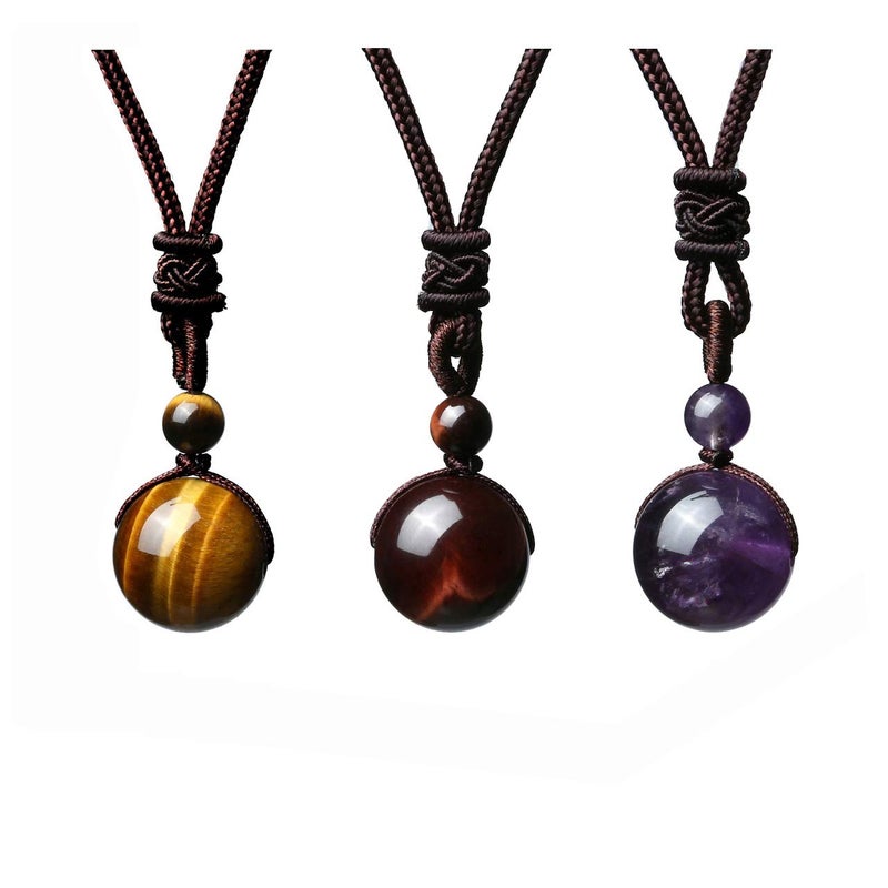 Jovivi 3pcs Healing Crystals Necklace Natural Tiger Eye Amethyst Lucky Blessing Protection Chakra Beads Stone Pendant for Women Men Adjustable - Image 1