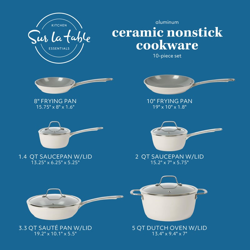 Sur La Table Kitchen Essentials 10 Piece PFA Free Non-Toxic Titanium Ceramic Nonstick Interior Forged Aluminum Cookware Pots and Pans Set - Linen White - Induction Compatible - Image 2