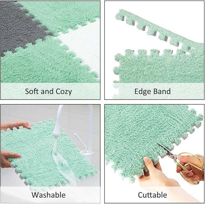 RHYDON Interlocking Carpet Shaggy Soft Foam Play Mat Velvet Fluffy Area Rugs, Square Plush Puzzle Floor Tiles Climbing Mats for Rooms Home Parlor Bedroom - Image 5