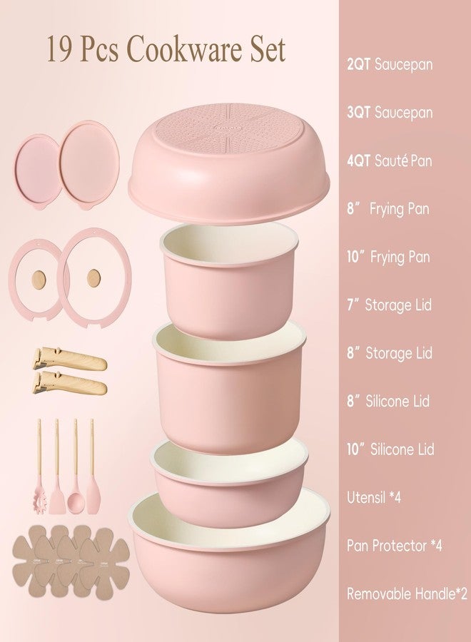 كاروت طقم أواني طهي كاروت، طقم أواني طهي غير لاصقة بمقبض قابل للفصل، 19 قطعة، مناسب للمطابخ التي تعمل بالحث الحراري، غير لاصقة بمقبض قابل للإزالة، طقم أواني طهي مناسب للمركبات الترفيهية، آمن للاستخدام في الفرن، لون وردي - Image 2