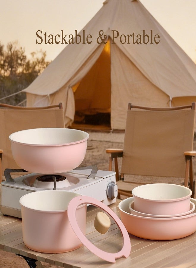 كاروت طقم أواني طهي كاروت، طقم أواني طهي غير لاصقة بمقبض قابل للفصل، 19 قطعة، مناسب للمطابخ التي تعمل بالحث الحراري، غير لاصقة بمقبض قابل للإزالة، طقم أواني طهي مناسب للمركبات الترفيهية، آمن للاستخدام في الفرن، لون وردي - Image 5