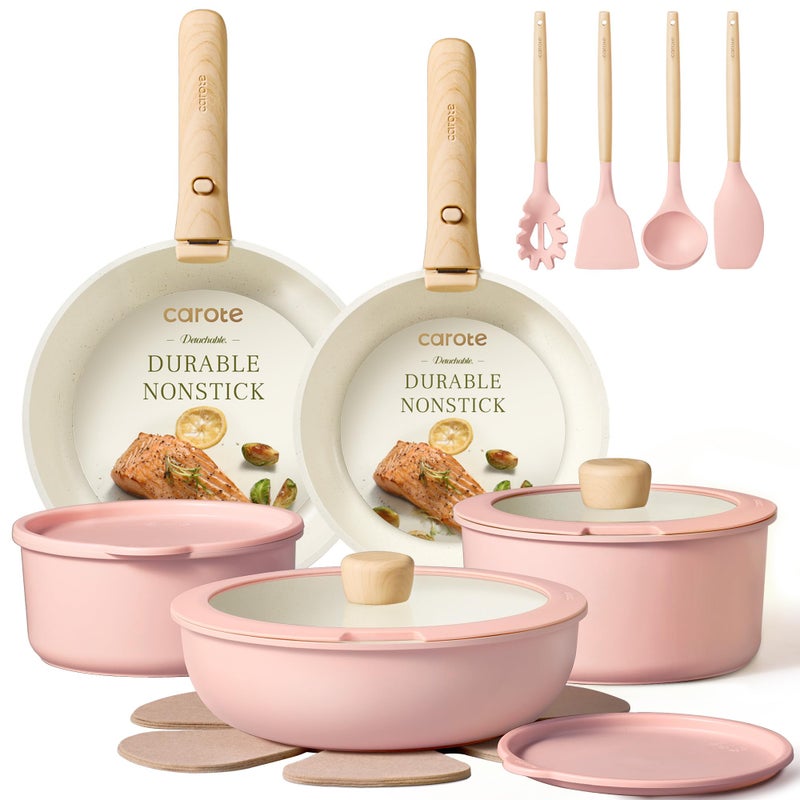 كاروت طقم أواني طهي كاروت، طقم أواني طهي غير لاصقة بمقبض قابل للفصل، 19 قطعة، مناسب للمطابخ التي تعمل بالحث الحراري، غير لاصقة بمقبض قابل للإزالة، طقم أواني طهي مناسب للمركبات الترفيهية، آمن للاستخدام في الفرن، لون وردي - Image 1