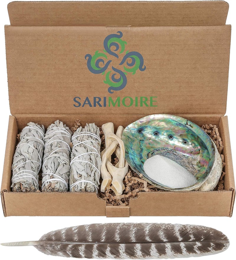 Sarimoire Sage Smudge Kit - White Sage Smudge Sticks - 4in ~ Abalone Shell 5-6in ~ 2in Tripod Stand ~ 9-12in Feather and White Sand - Image 1