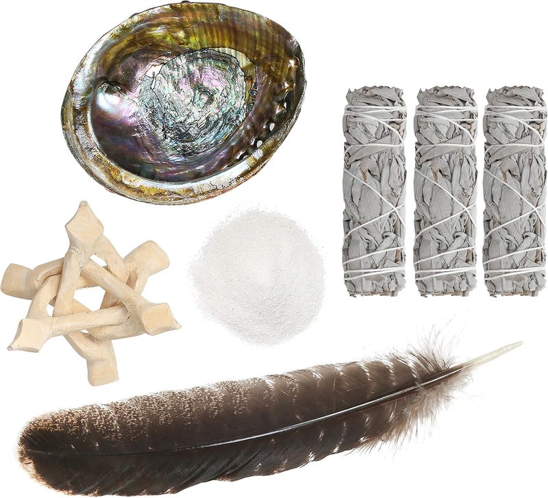 Sarimoire Sage Smudge Kit - White Sage Smudge Sticks - 4in ~ Abalone Shell 5-6in ~ 2in Tripod Stand ~ 9-12in Feather and White Sand - Image 4