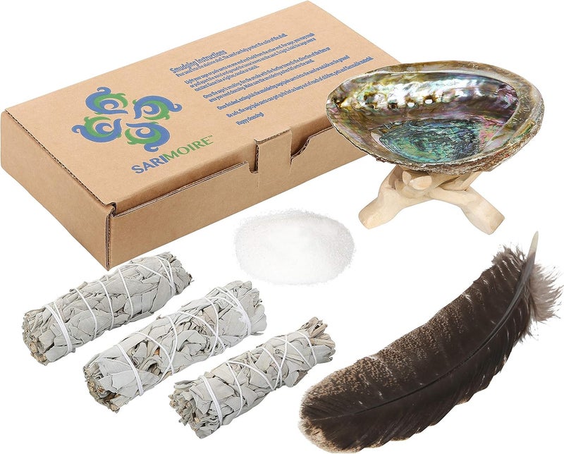 Sarimoire Sage Smudge Kit - White Sage Smudge Sticks - 4in ~ Abalone Shell 5-6in ~ 2in Tripod Stand ~ 9-12in Feather and White Sand - Image 2