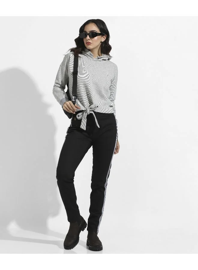 Campus Sutra Women's Light Grey Pullover Hoodie With Tie-Up Waist