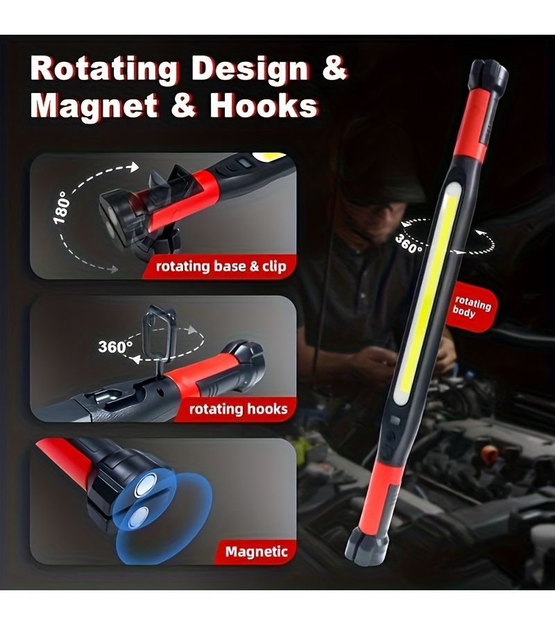 Rechargeable Magnetic Work Light Red 2pack LED Flood Light Portable Flashlight 180 Rotating Head 360 Hooks Low Voltage Operation For Camping Emergency Car Repair Jobsite Indoor Outdoor Use - Image 4