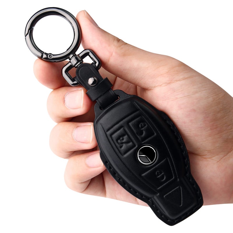 Tukellen for Mercedes Benz key fob cover Genuine Leather with KeychainLeather key case Protector Compatible C E M S CLS CLK GLK GLC G AMG Series Smart Remote KeyBlack