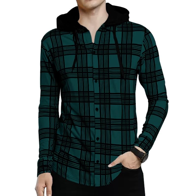 Noble Monk Men's Checkered Long Sleeve Shirts |Button Down Shirts with Hoodie Teal Blue Black - Image 1