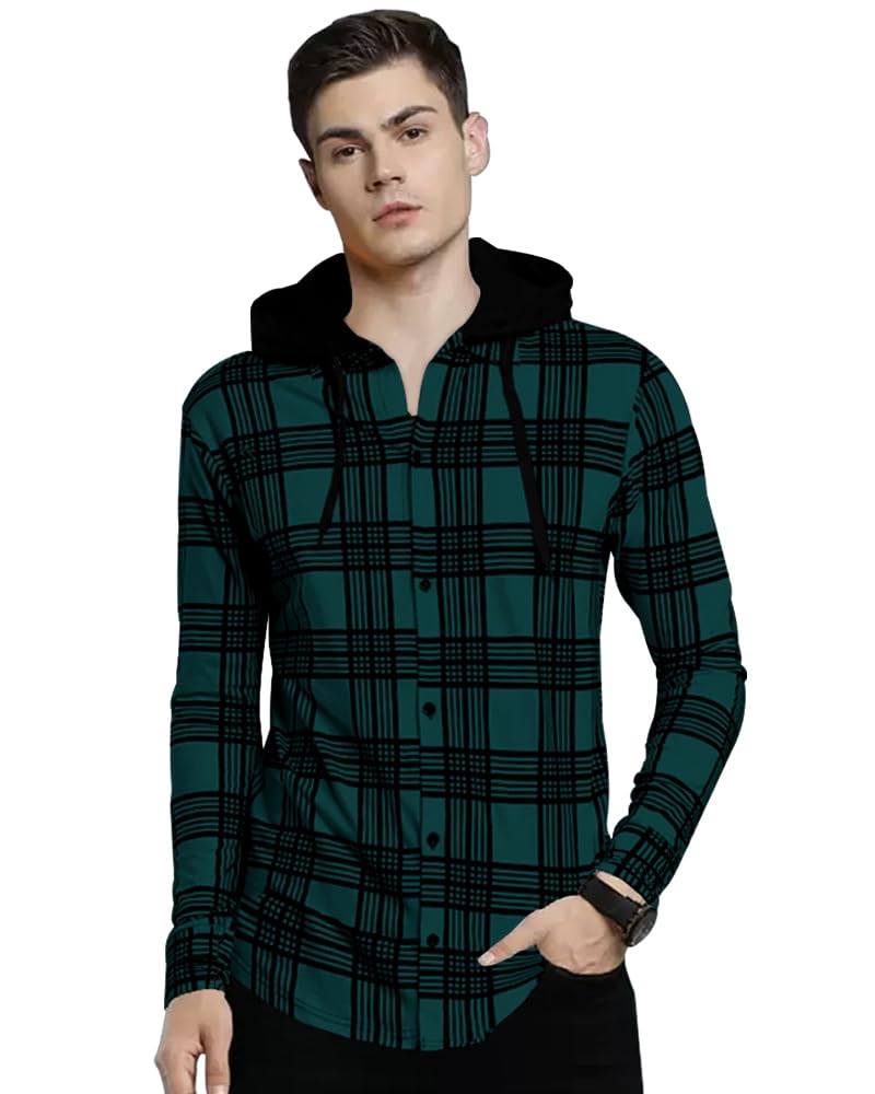 Noble Monk Men's Checkered Long Sleeve Shirts |Button Down Shirts with Hoodie Teal Blue Black - Image 2