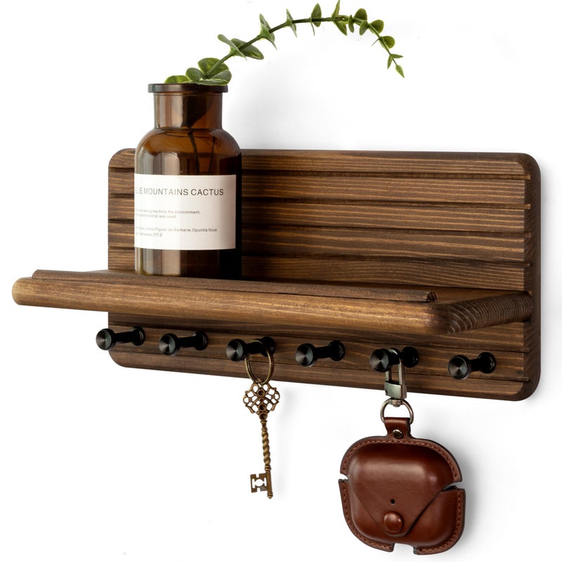 Rebee Vision Farmhouse Key Holder Wall Mount for Home Decor â€“ Decorative Pine Wooden Key Holder for Wall with 6 Hooks & Floating Shelf - Rustic Charm for Room Decor Aesthetic (Brown) - Image 1