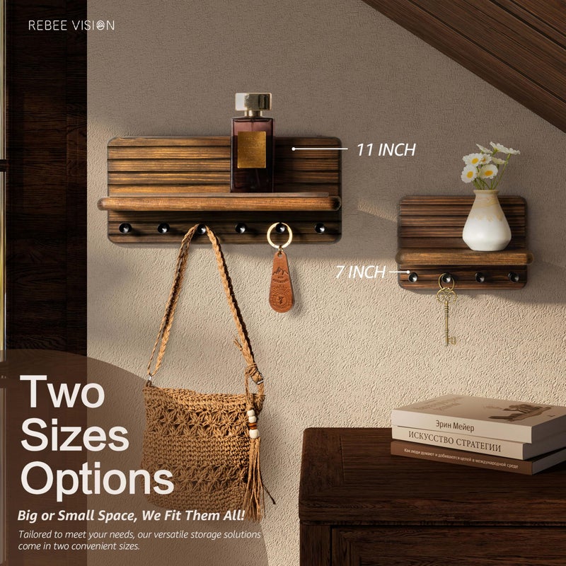 Rebee Vision Farmhouse Key Holder Wall Mount for Home Decor â€“ Decorative Pine Wooden Key Holder for Wall with 6 Hooks & Floating Shelf - Rustic Charm for Room Decor Aesthetic (Brown) - Image 4