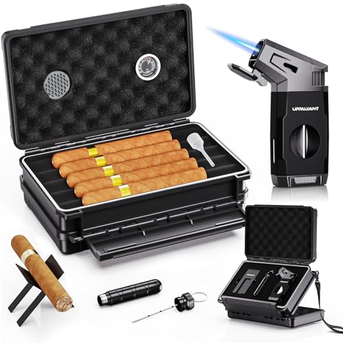 Uppallant Travel Cigar Humidor Case Set, Double-sided Design, with Cigar Lighter Built-in V Cutter, 2-in-1 Cigar Draw Enhancer/Punch Tool, Cigar Holder, Humidifier&Hygrometer, Cigar Accessories Gift Kit for Men - Image 1