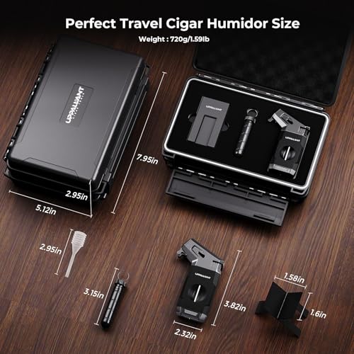 Uppallant Travel Cigar Humidor Case Set, Double-sided Design, with Cigar Lighter Built-in V Cutter, 2-in-1 Cigar Draw Enhancer/Punch Tool, Cigar Holder, Humidifier&Hygrometer, Cigar Accessories Gift Kit for Men - Image 4