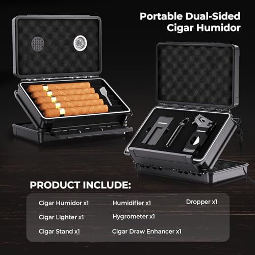 Uppallant Travel Cigar Humidor Case Set, Double-sided Design, with Cigar Lighter Built-in V Cutter, 2-in-1 Cigar Draw Enhancer/Punch Tool, Cigar Holder, Humidifier&Hygrometer, Cigar Accessories Gift Kit for Men - Image 3
