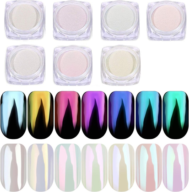 PrettyDiva 7 Colors Pearl Chrome Powder Set Magic White Pearl Chrome Powder for Nails Aurora Iridescent Pearl Nail Chrome Powders Metallic Manicure Pigment