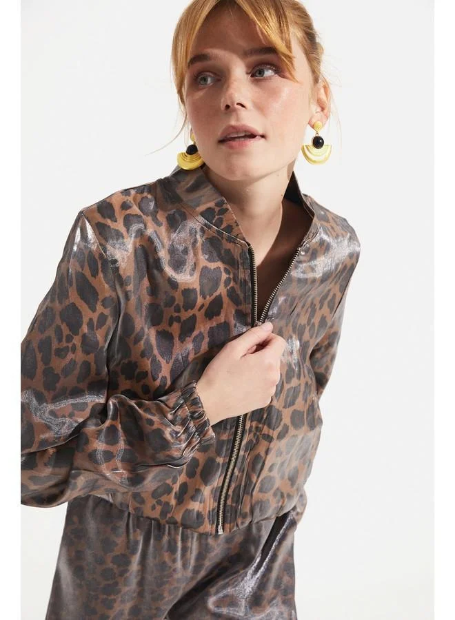 جون June Bright Fabric Bomber Jacket Brown