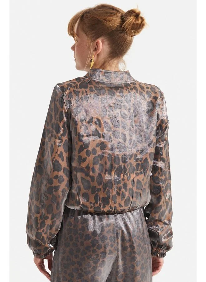 جون June Bright Fabric Bomber Jacket Brown