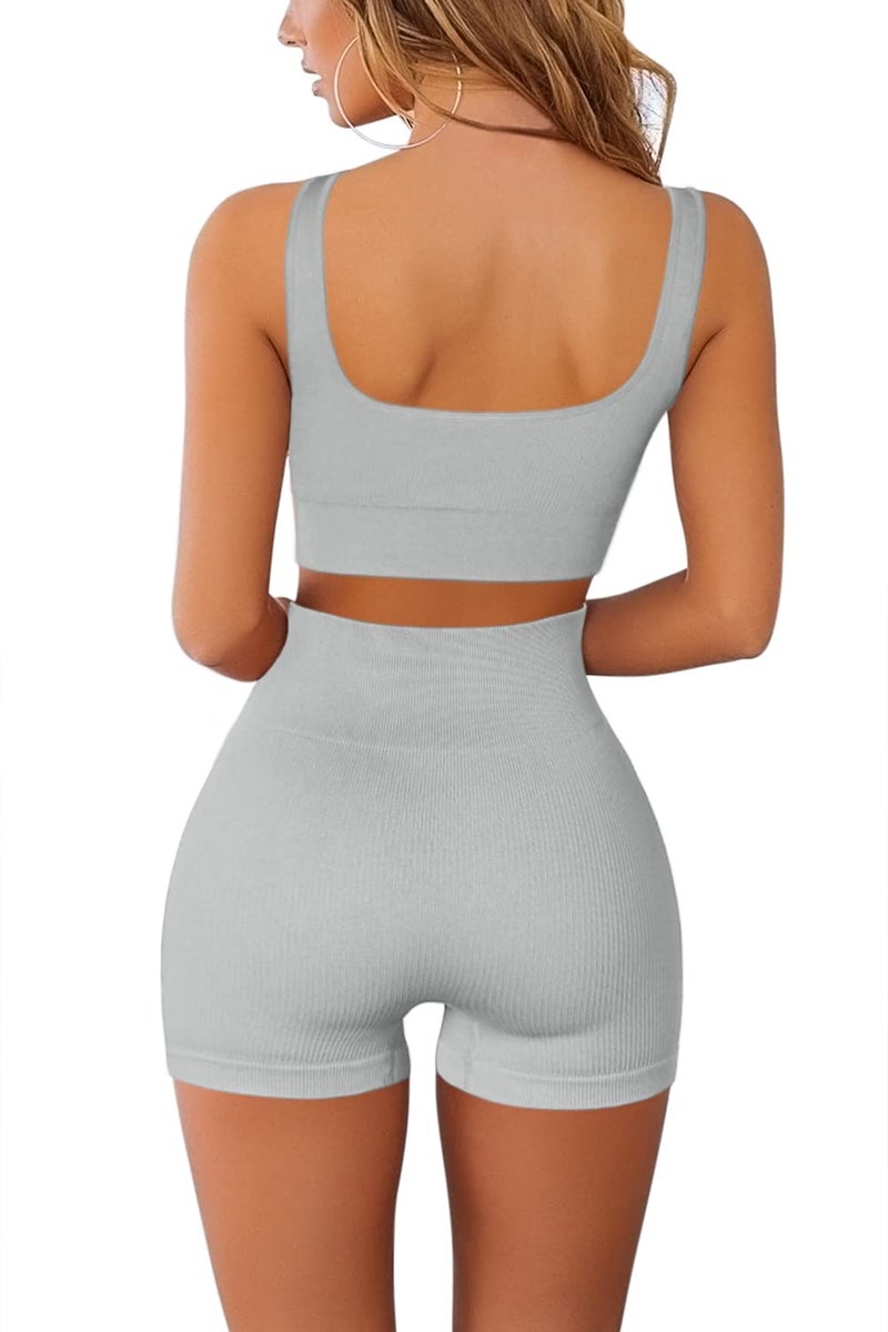 QINSEN Workout Sets for Women 2 Piece Seamless Ribbed Crop Tank High Waist Shorts Yoga Outfits (M, Light Grey) - Image 2