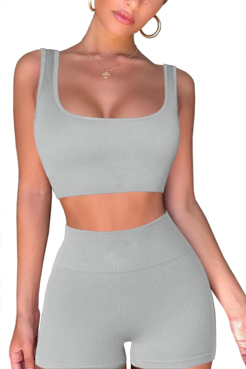 QINSEN Workout Sets for Women 2 Piece Seamless Ribbed Crop Tank High Waist Shorts Yoga Outfits (M, Light Grey) - Image 3