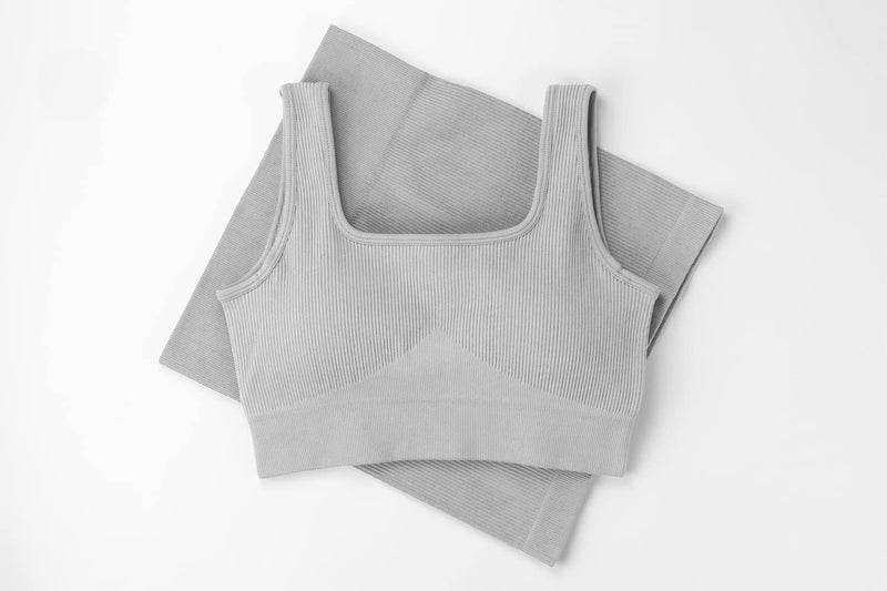 QINSEN Workout Sets for Women 2 Piece Seamless Ribbed Crop Tank High Waist Shorts Yoga Outfits (M, Light Grey) - Image 5