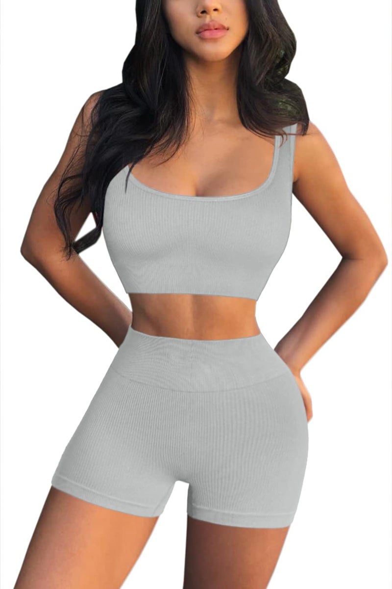 QINSEN Workout Sets for Women 2 Piece Seamless Ribbed Crop Tank High Waist Shorts Yoga Outfits (M, Light Grey) - Image 4