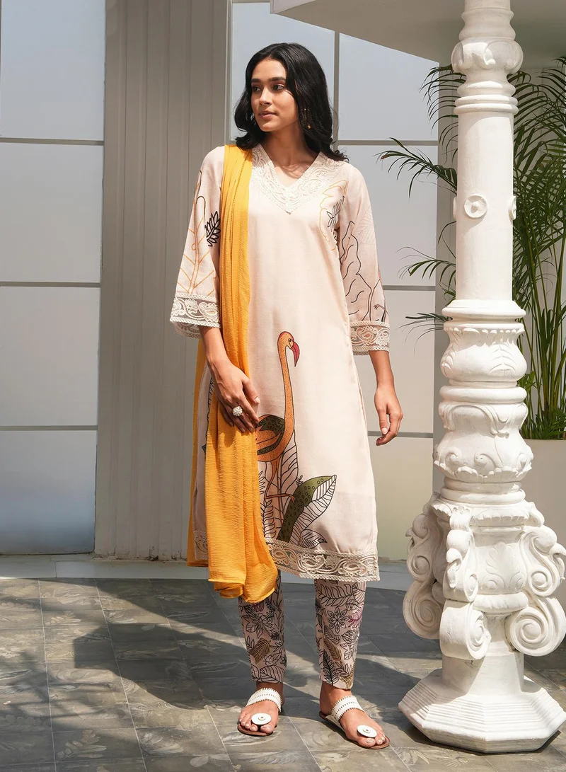 QISSA Women's Off-White Swané Imprint Kurta Set