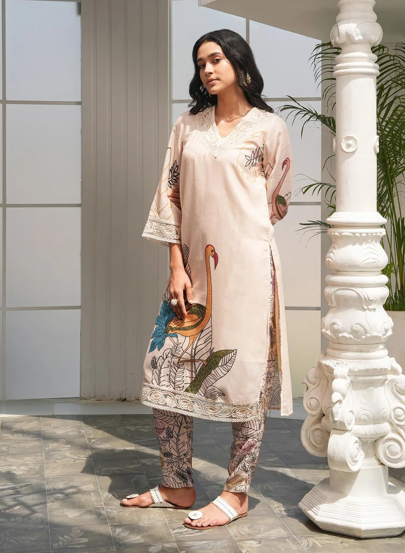 QISSA Women's Off-White Swané Imprint Kurta Set