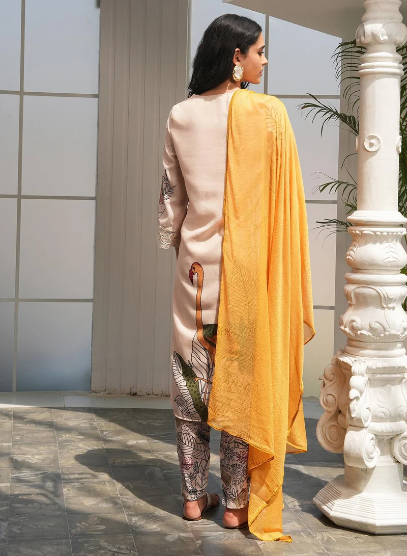 QISSA Women's Off-White Swané Imprint Kurta Set