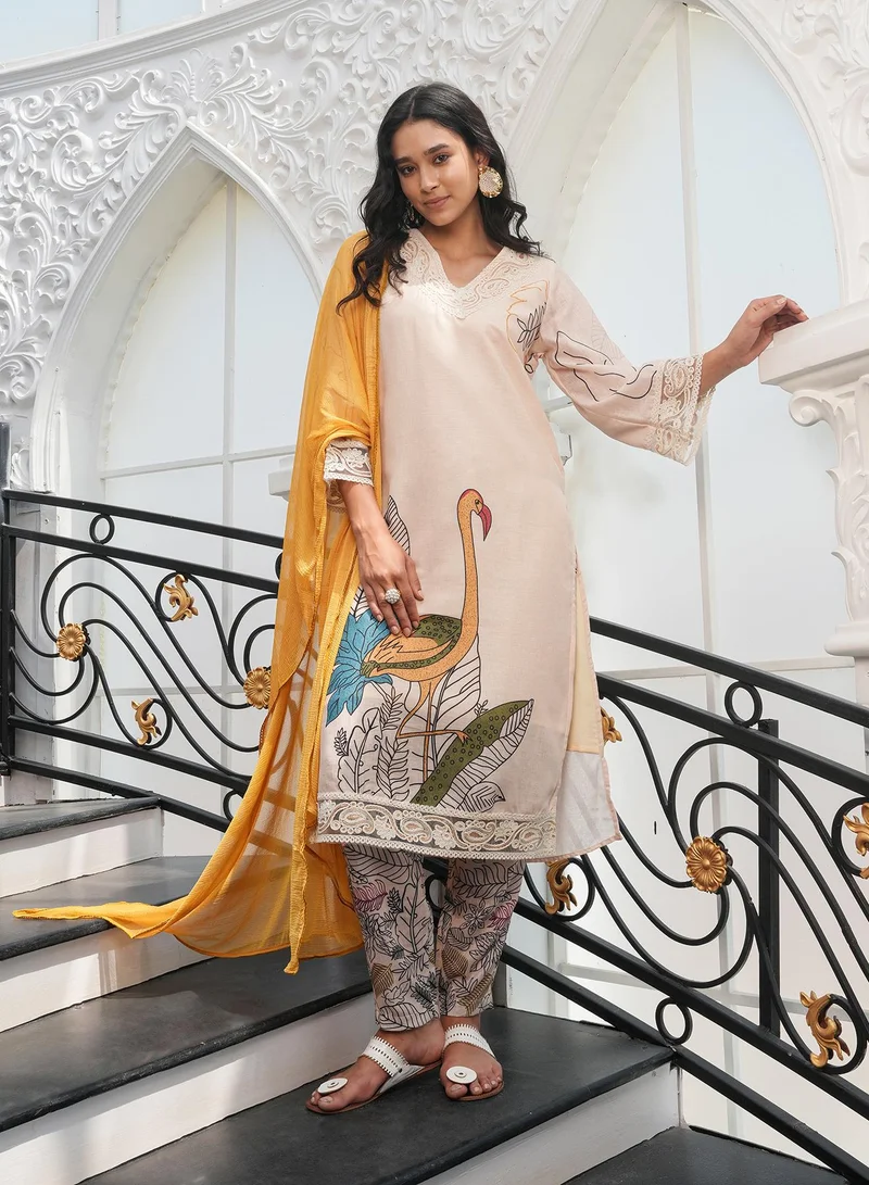 QISSA Women's Off-White Swané Imprint Kurta Set