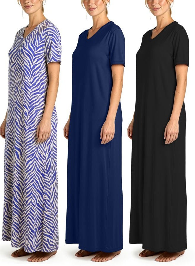 REALESSENTIALS 3 Pack: Women's Soft Maxi Long Nightshirt Short Sleeve Soft Nightgown Sleep Dress (Available in Plus Size), Set 7, S - Image 1