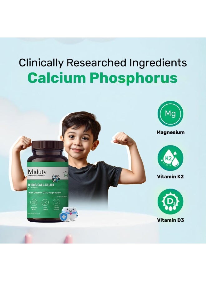 Miduty Kids Calcium - Vitamin D3, K2 & Magnesium - Strong Bones & Teeth - Mint-Flavored, Sugar-Free Calcium Supplement for Active & Picky Eaters - 60 Chewables - Image 2