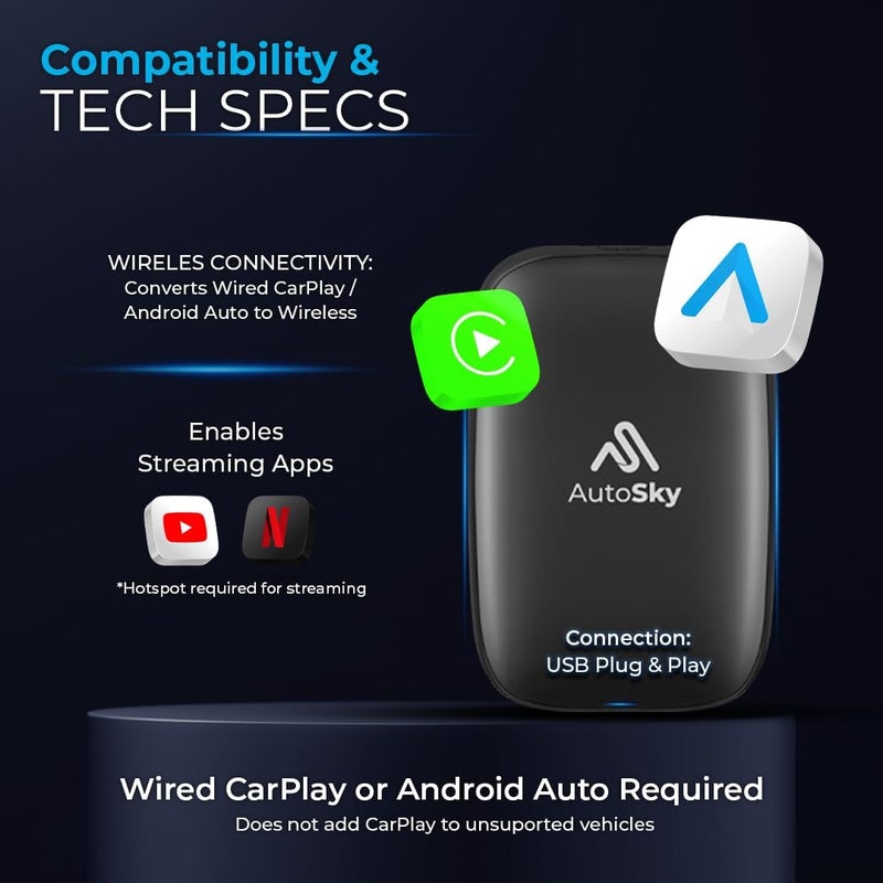 AutoSky Wireless CarPlay and Android Auto AI Box Lite - Supports Netflix and YouTube - Image 2