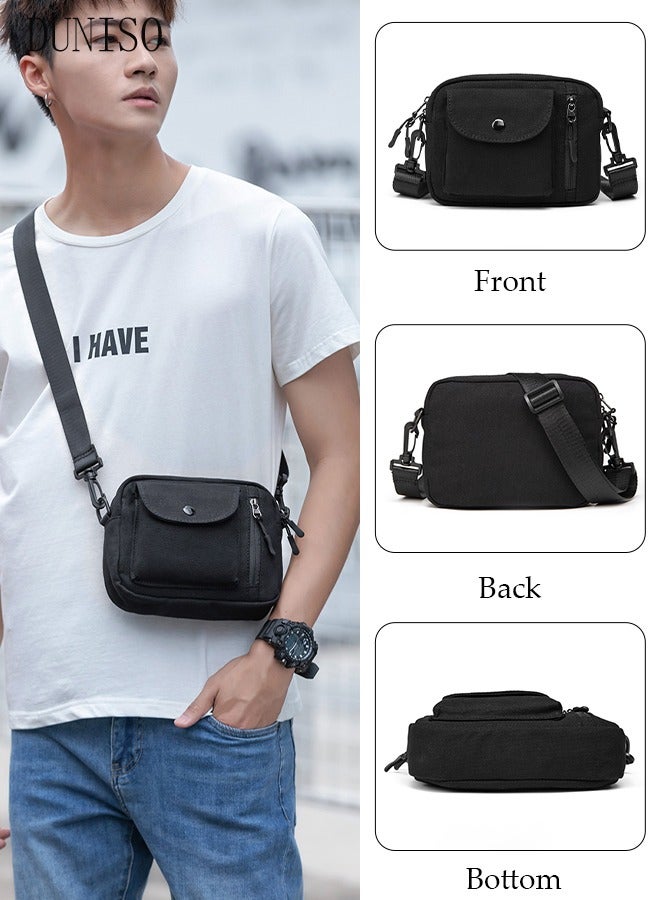 DUNISO Mini Canvas Crossbody Bag with Multiple Pockets for Men Wear-resistant Sling Bag Backpack Large Capacity Cross Body Bag Daypack for Travel Hiking Black  - Image 1