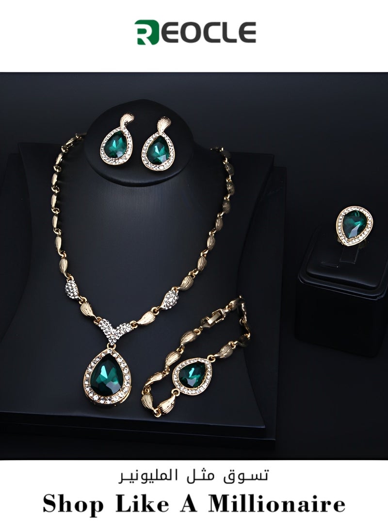 REOCLE Women's Jewelry Set Luxury Africa Dubai 18k Gold Plated Set Rhinestone Crystal Necklace Earrings Bracelet Ring Set for Brides & Party & Prom & Wedding  - Image 1