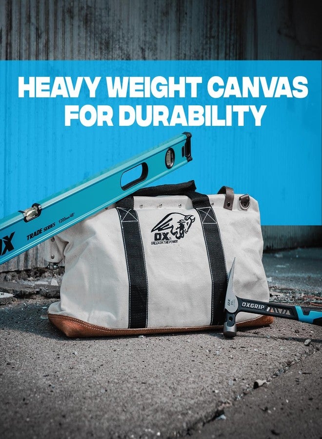 OX Tools 24 Inch Canvas Mason Tool Bag Canvas Utility Bag Reinforced and Riveted opening frame Nylon Strap Handles Suede Leather Bottom OX-P262924 - Image 5