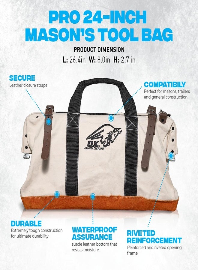 OX Tools 24 Inch Canvas Mason Tool Bag Canvas Utility Bag Reinforced and Riveted opening frame Nylon Strap Handles Suede Leather Bottom OX-P262924 - Image 4