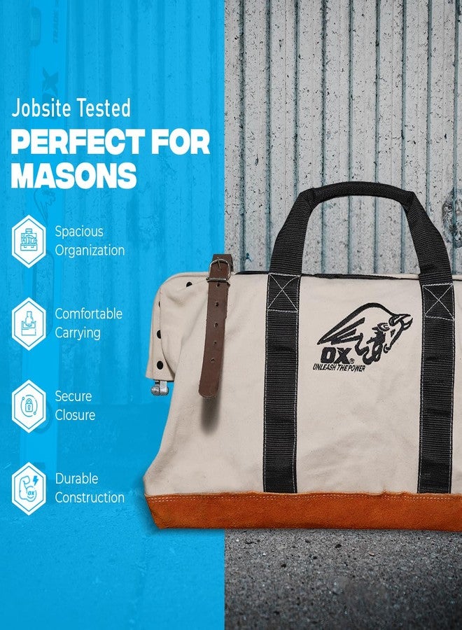 OX Tools 24 Inch Canvas Mason Tool Bag Canvas Utility Bag Reinforced and Riveted opening frame Nylon Strap Handles Suede Leather Bottom OX-P262924 - Image 3