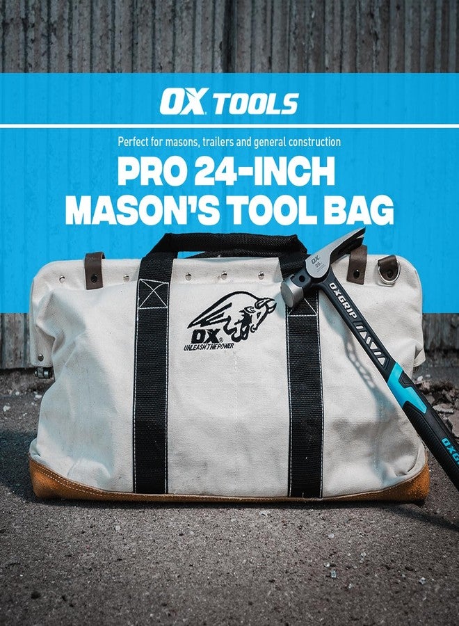 OX Tools 24 Inch Canvas Mason Tool Bag Canvas Utility Bag Reinforced and Riveted opening frame Nylon Strap Handles Suede Leather Bottom OX-P262924 - Image 2