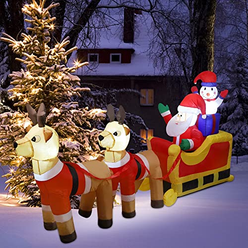 Cllayees 8ft Long Christmas Inflatable Santa Claus Snowman on Sleigh with Reindeers Xmas Blow up Yard Decorations with Builtin LED Lights for Outdoor Garden Lawn Xmas Holiday Decor